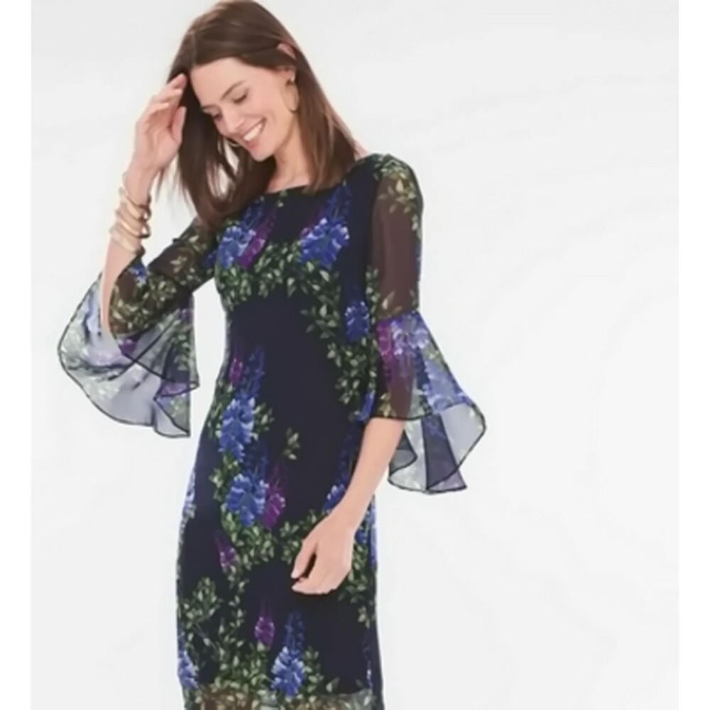 XS US2 Chicos 00 Dress Bell Sleeves Slightly Below Knee Blue Green Purple Floral